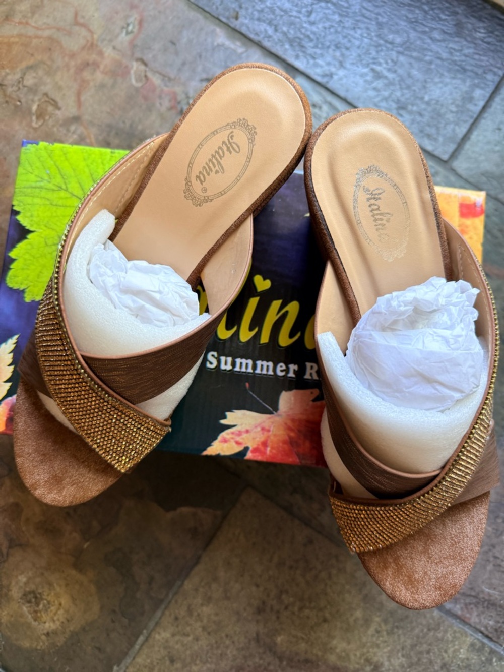 Ladies Brown Slide Sandals with Embellished Strap Summer Rio Sz. 7.5M